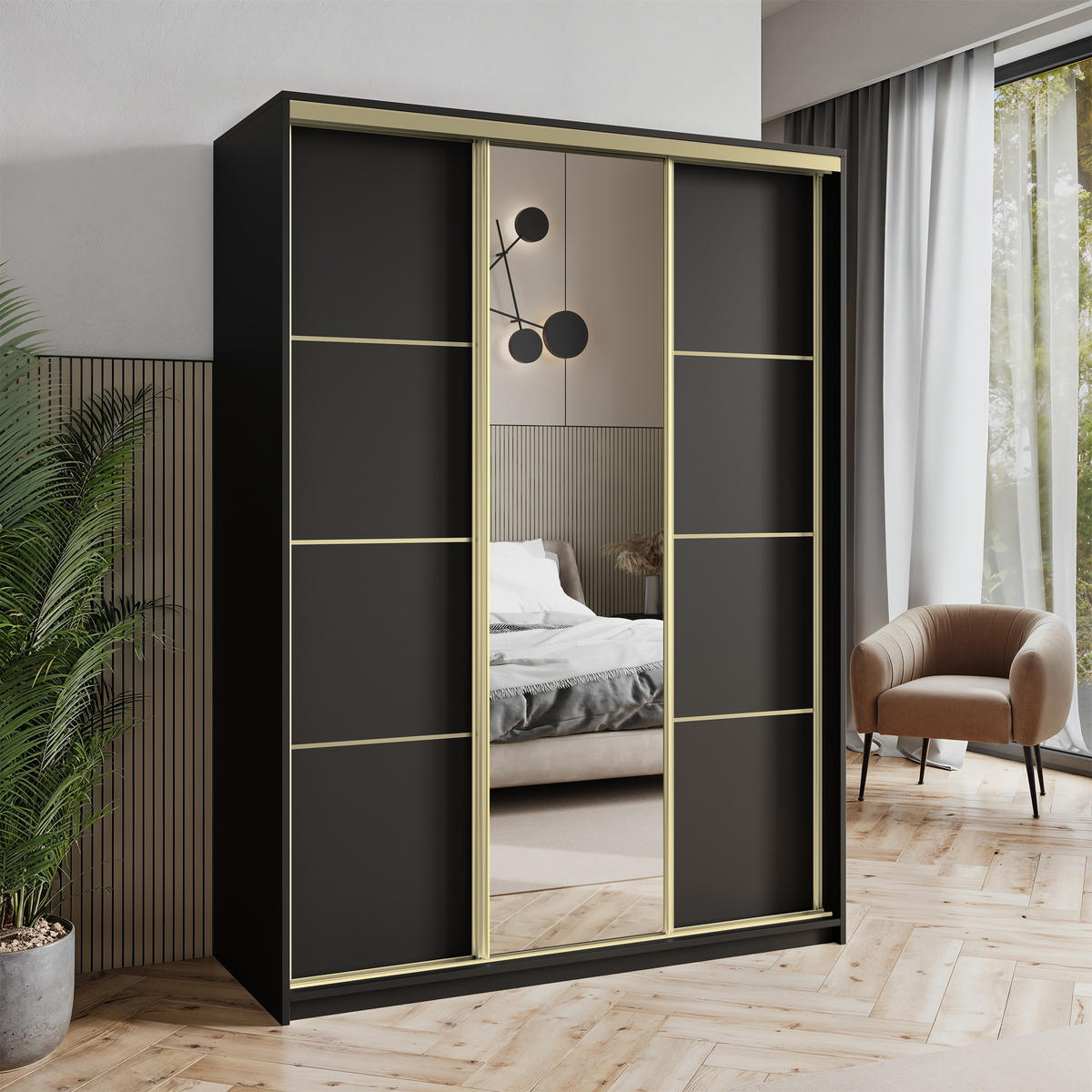 SCHWEBETÜRENSCHRANK VARO 150/205/60 cm 3-türig mit Spiegel Schwarz - Schwarz, Holzwerkstoff (150/205/60cm) - MASSENO