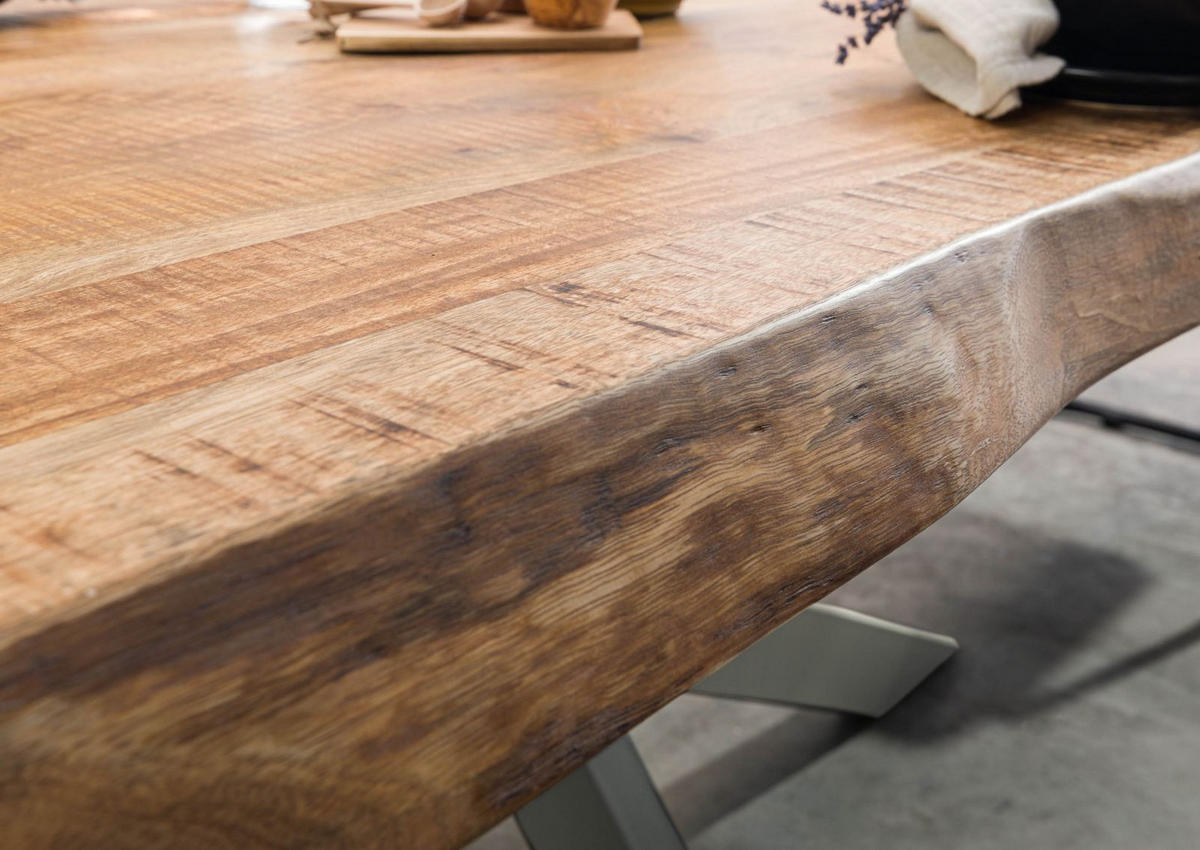 BAUMTISCH Mango 220x100x77 natur lackiert / Kreuzgestell silber matt FREEFORM 5 - Naturfarben, Holz (220/100/77cm) - Massivmoebel24