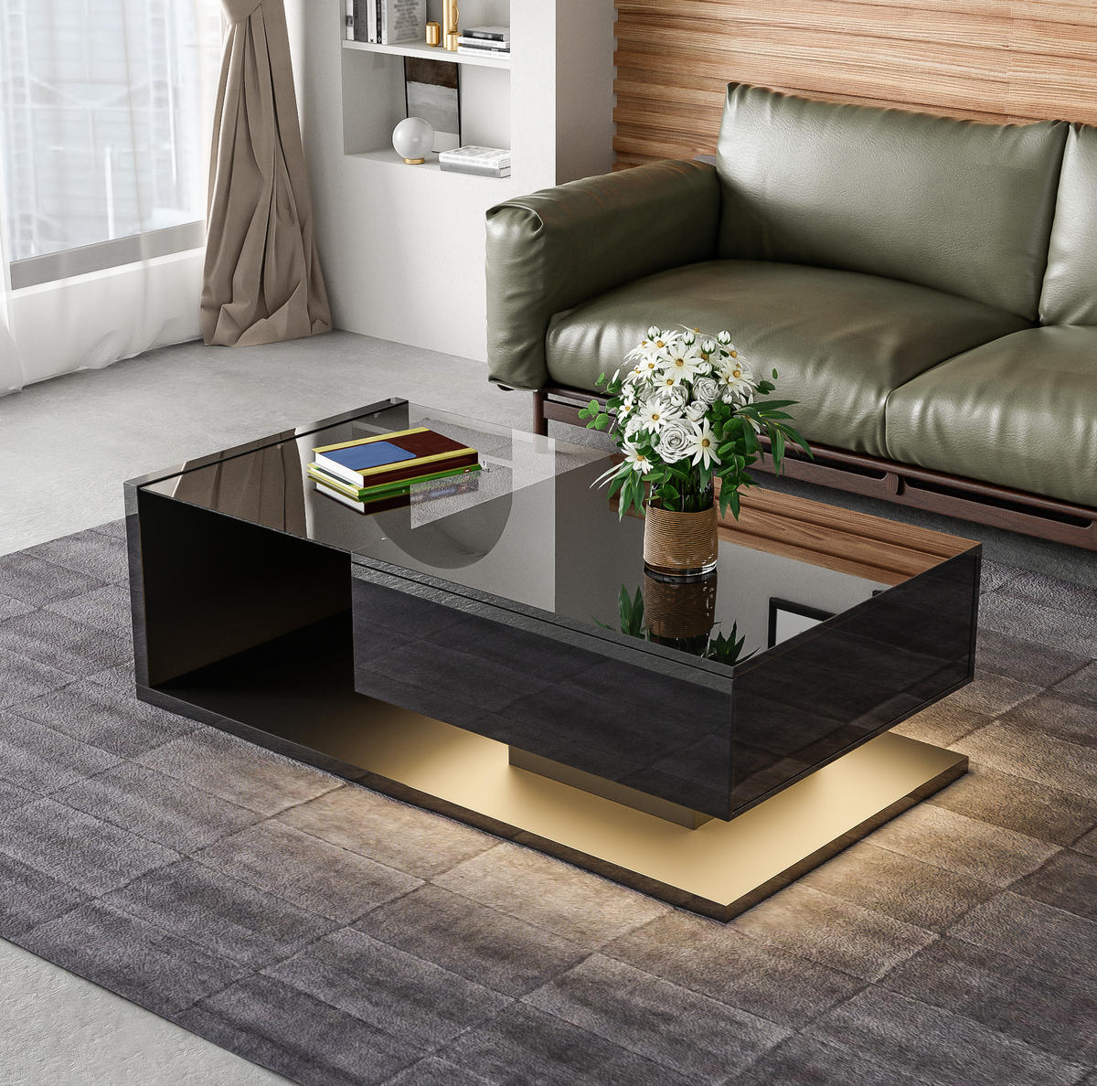 COUCHTISCH, hochglänzend Schwarz mit gehärteter Glasplatte und dimmbarer 16‑farbiger LED, 105/55/32,5 cm,Schwarz - Schwarz, Holzwerkstoff (105/55/32.5cm) - Redom