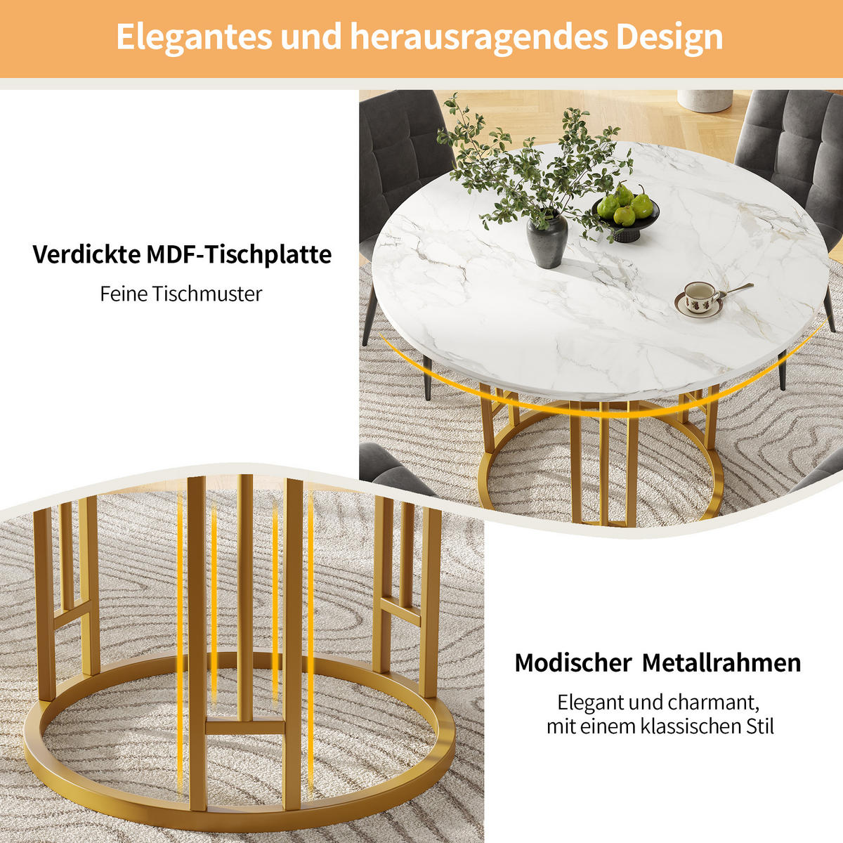 ESSTISCH 80/80/76 cm Gold aus MDF mit Marmoroptik und verstellbaren Füßen - Goldfarben, Holzwerkstoff (80/80/76cm) - OKWISH