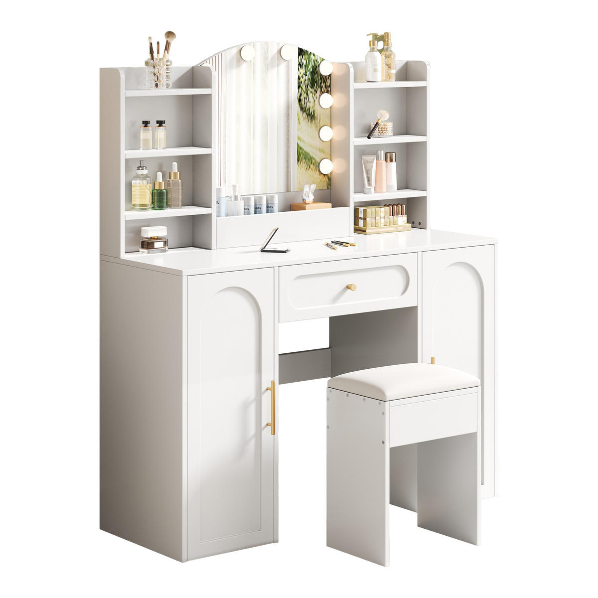 GROSSER Schminktisch mit LED-Spiegel, dimmbar, inkl. Hocker, 1 Schublade & 2 Türen, modern, Weiß, 110x40x132 cm - Weiß, Holz (40/132/110cm) - Ej. Life