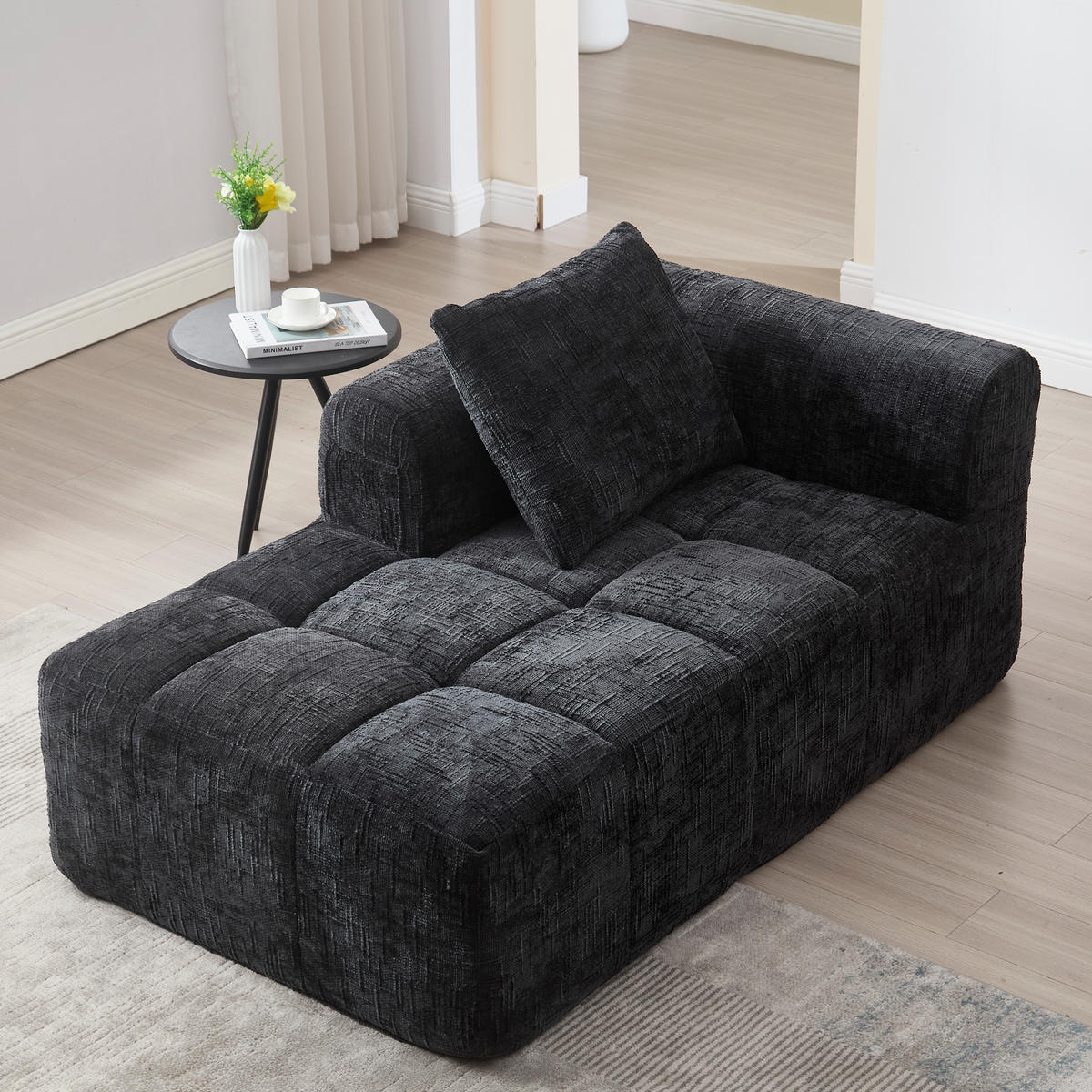 CHAISELONGUE Sofa Chenille mit Seitentaschen und Kissen 158/90/60 cm Schwarz - Schwarz, Textil (60/158/90cm) - Redom