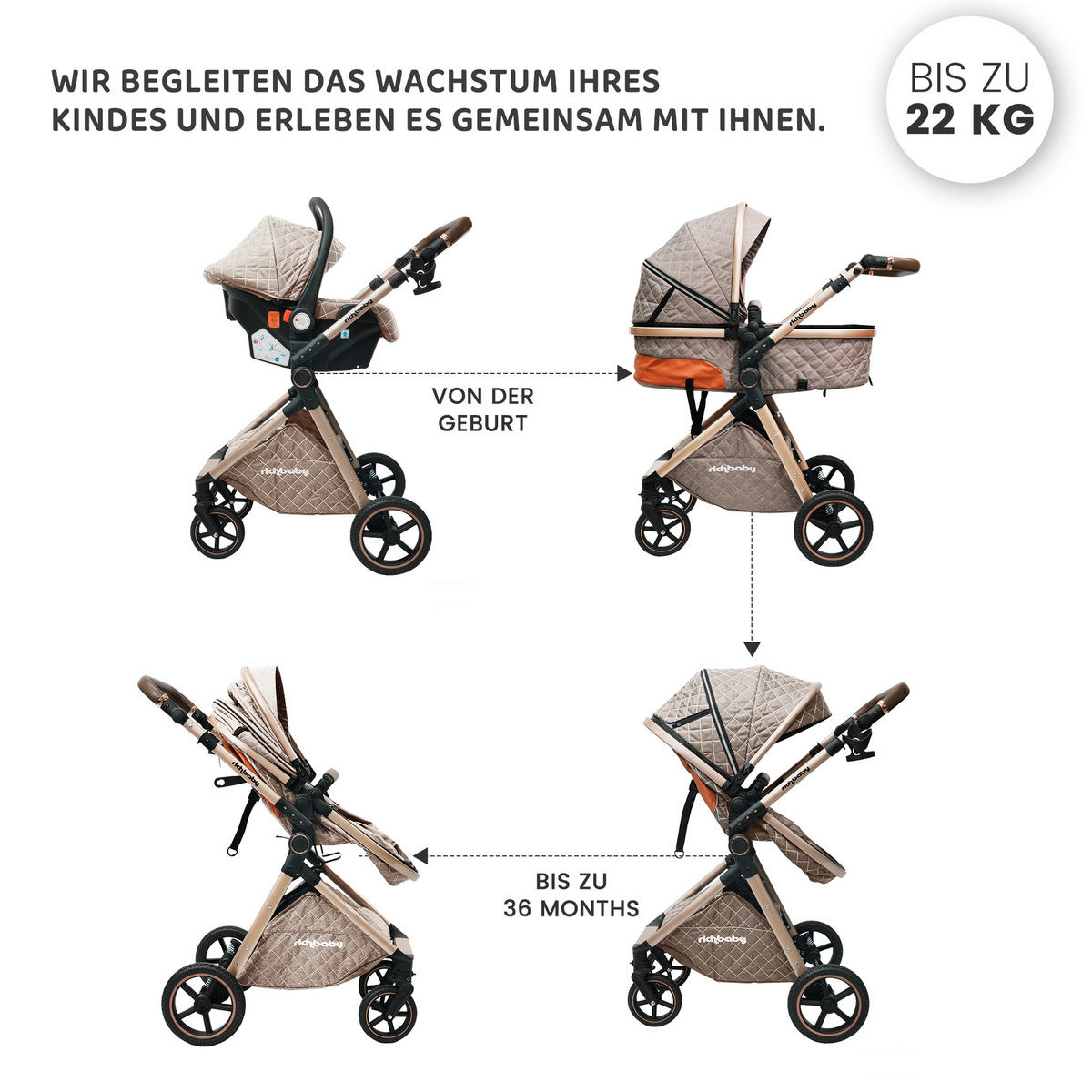 BUGGY Kinderwagen 2 in 1 faltbar mit abnehmbarer Babywanne und All-Terrain Federung - Hellbraun, Metall (80/62/106cm) - Raelunyi