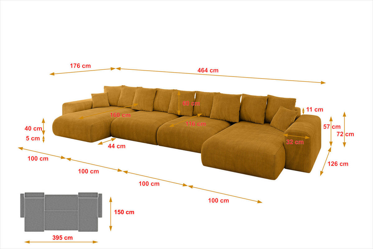 WOHNLANDSCHAFT mit Schlaffunktion ESKAR-U2-464x176x72cm Senfgelb - Sandfarben, Holzwerkstoff/Kunststoff (176/72/464cm) - ALTDECOR