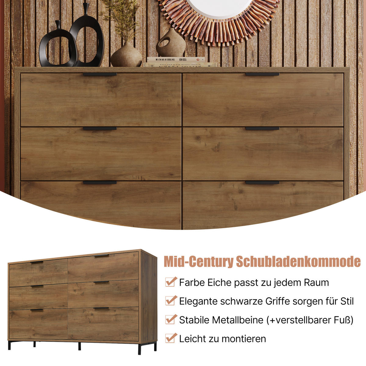 KOMMODE in Dunkle Eichefarben Sideboard mit 6 Schubladen für Schlafzimmer und alle Wohnräume, B120/T40/H76 cm - Eichefarben/Schwarz, Holzwerkstoff/Metall (120/76/40cm) - STILVORA