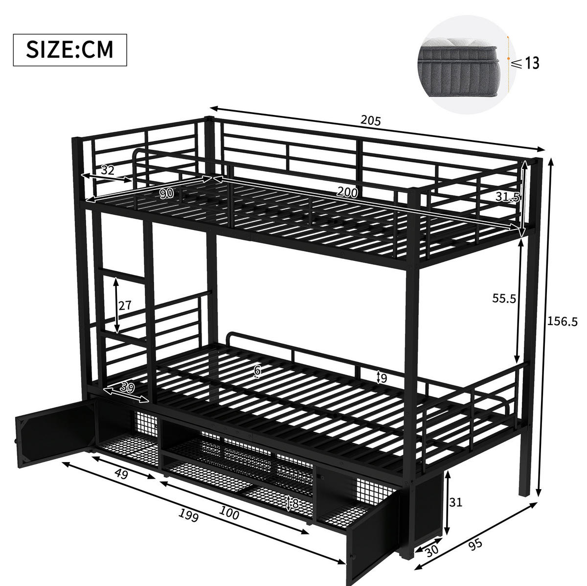 ETAGENBETT 90/200 cm in Schwarz mit Schuhablage und zwei Schränken - Schwarz, Metall (90/200cm) - OKMYHOME
