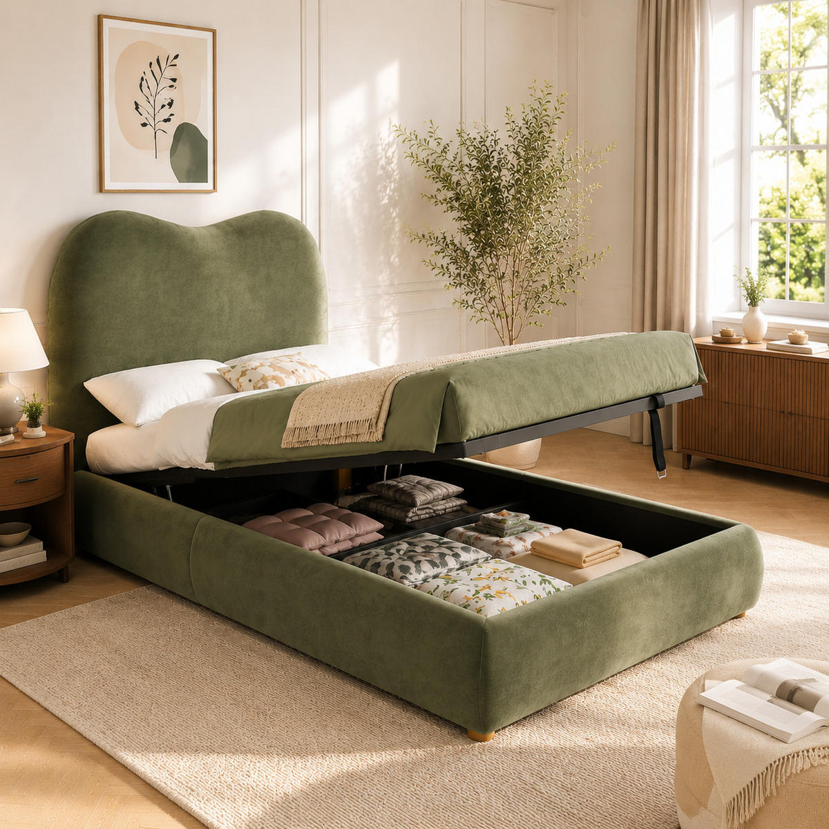 POLSTERBETT 90/200 cm in Grün Samt mit Bettkasten - Grün, Holzwerkstoff/Textil (90/200cm) - CHICFURN