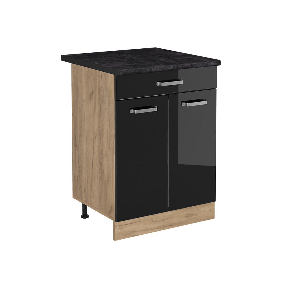 KÖKSUNDERSKÅP R-Line, Svart högblank/Goldkraft ek, 60 cm med låda antracitas stalviršis Svart högglans, Honungsek 81.6/60/60 cm