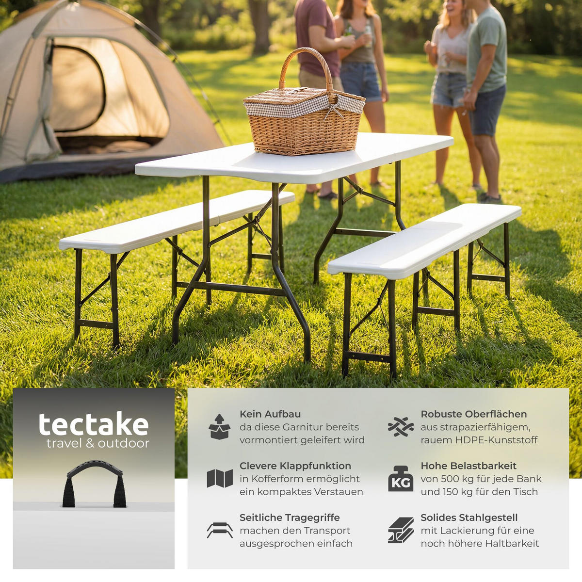 CAMPINGTISCHGARNITUR Panja,mit Tragegriffen,weiß - Weiß, Kunststoff (180/74/72cm) - tectake