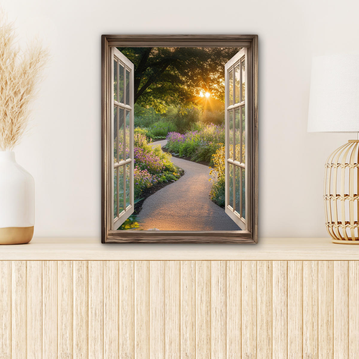 LEINWANDBILD Aussicht - Blumen - Natur - Sonne - Weg Room Decor 30x40 cm - Hellgelb, Textil (30/40cm) - MuchoWow