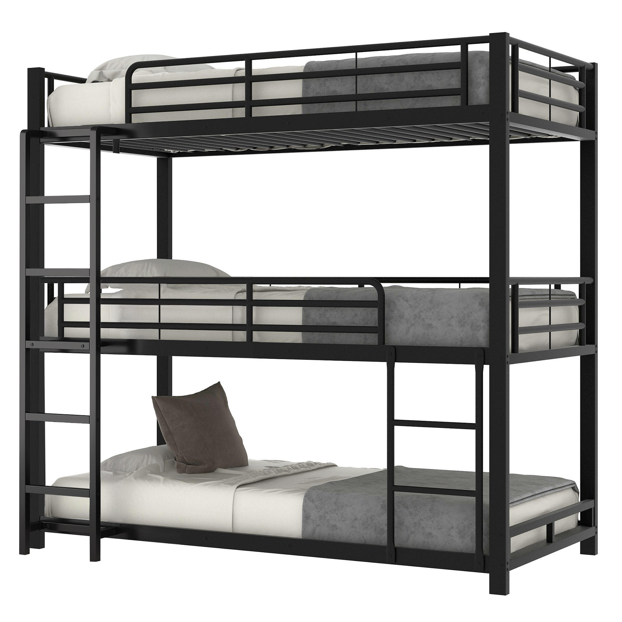 ETAGENBETT Dreifach 90/200 cm Schwarz Metallbett mit Geländern - Schwarz, Metall (90/200cm) - OKWISH