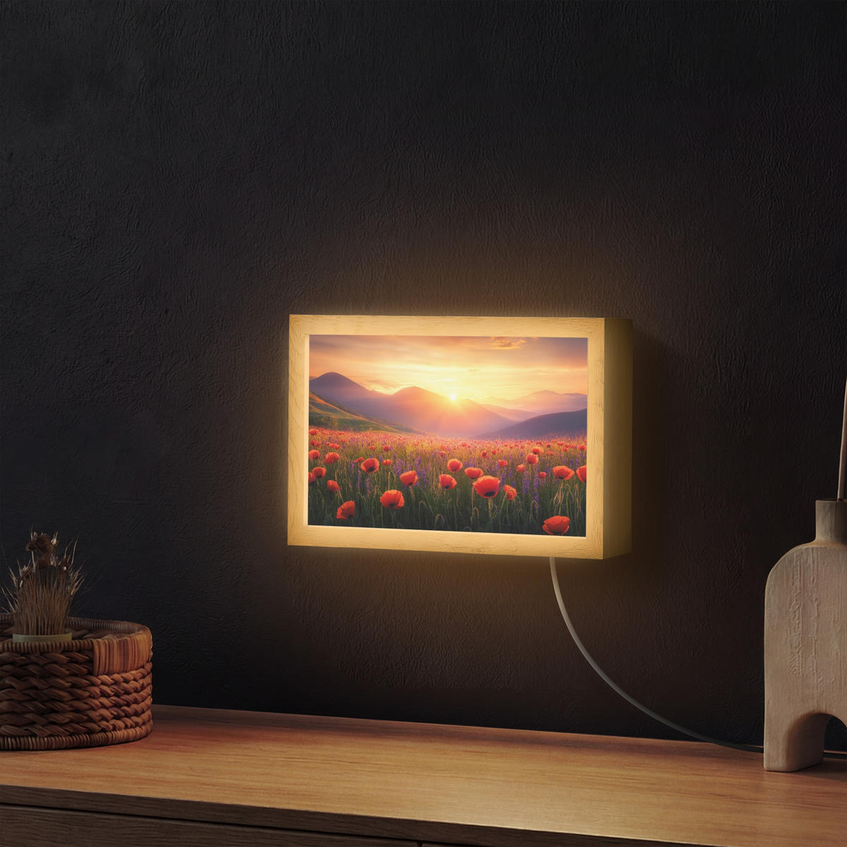 WANDLEUCHTE Landschaft - Sonnenuntergang - Blumenfeld 30x20 cm - Rot, Holzwerkstoff (30/20/8cm) - OnlyWow