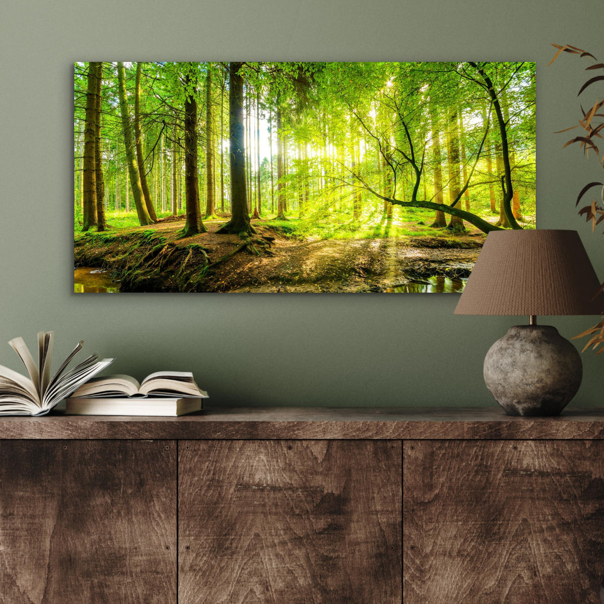 METALLBILD Wald - Landschaft - Wasser - Bäume - Sonne - Grün - Natur 80x40 cm - Grün, Metall (80/40cm) - MuchoWow