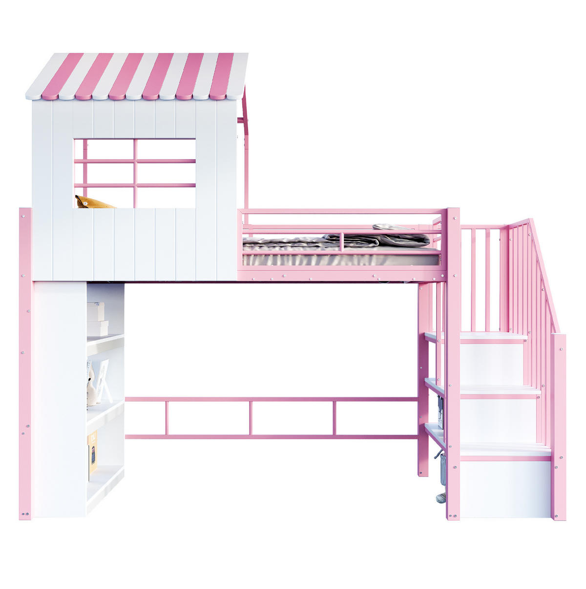 HOCHBETT 90/200 cm rosa/weiß aus Metall und MDF mit Treppe und Regal - Rosa, Metall (90/200cm) - OKWISH