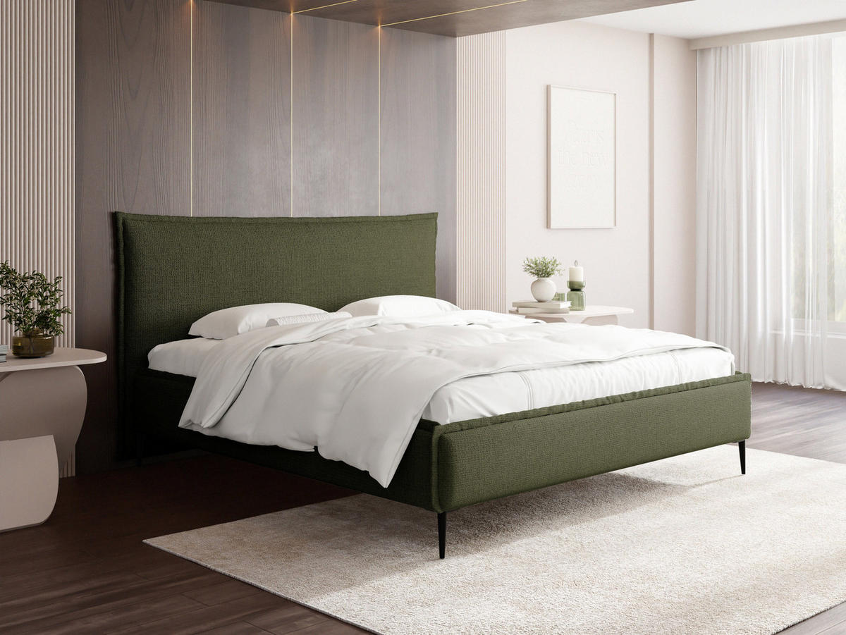 POLSTERBETT Pillow Rise mit Bettkasten, Lattenrost & hohen Metallfüßen in Grün Chenille 140x200 cm - Birkefarben/Schwarz, Holz/Holzwerkstoff (140/200cm) - WFL GROUP