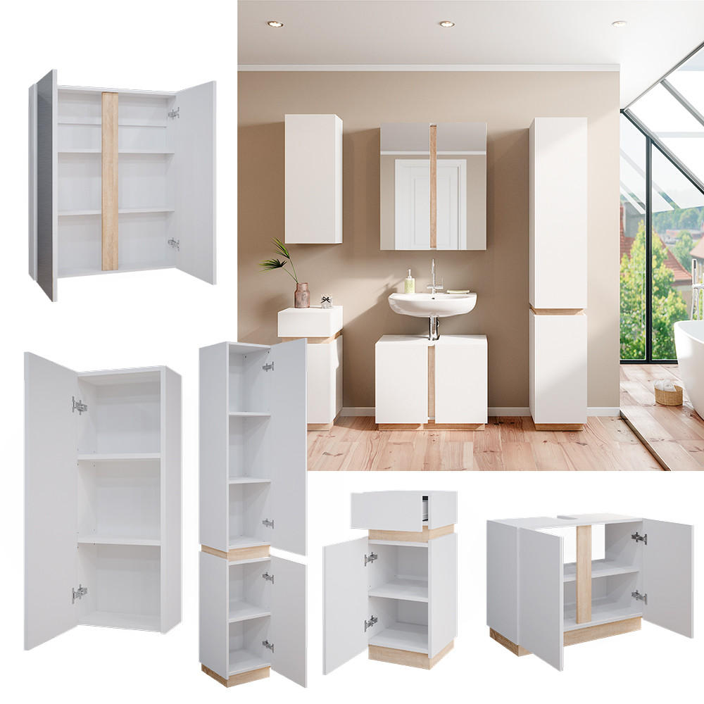 BADMÖBEL-SET Gloria Weiß 5 Teile - Weiß/Sonoma Eiche, Holzwerkstoff (70/55/34cm) - Vicco