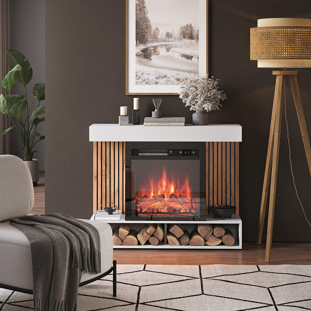 ELEKTROKAMIN Lynea Weiß 100 cm mit realistischem Flammeneffekt und Heizung 1800W - Weiß, Holzwerkstoff (100/80/25cm) - Vicco