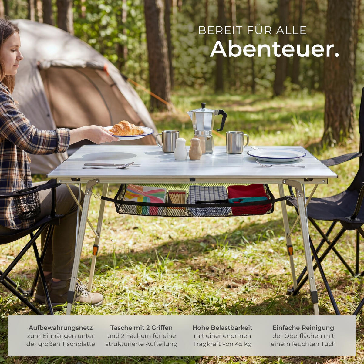CAMPINGTISCH aus Aluminium Bastian, 120 x 70,5 x 58 – 79 cm, silber - Silberfarben, Metall (120/70.5/79cm) - tectake