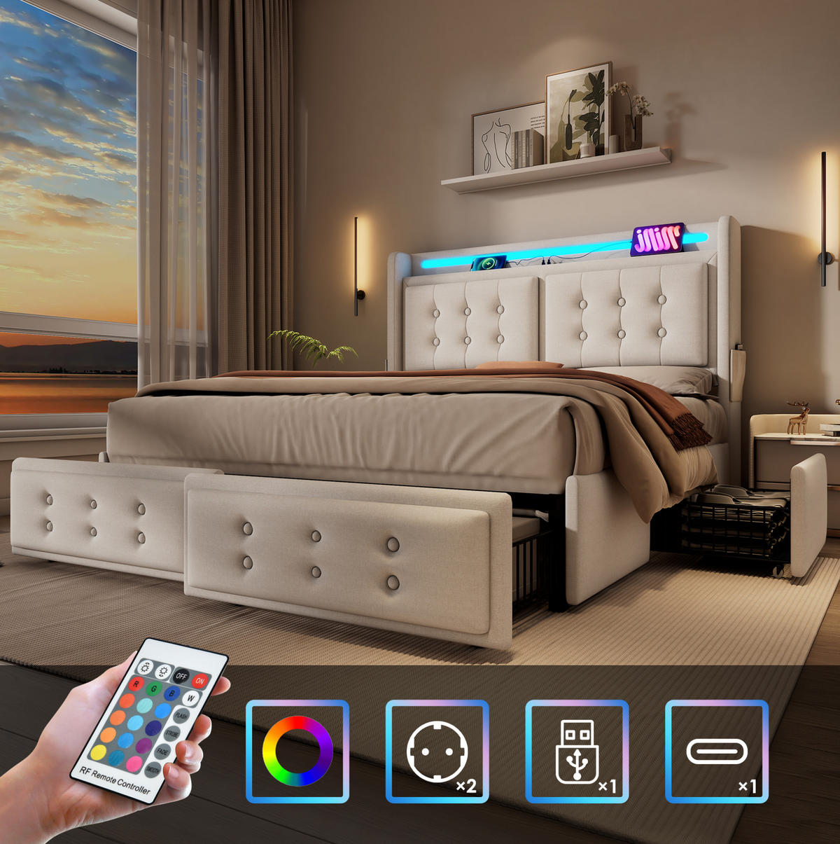POLSTERBETT 140/200 cm Beige mit LED-Kopfteil und USB-C-Anschluss Mit Matratze - Beige, Textil (140/200cm) - OKWISH