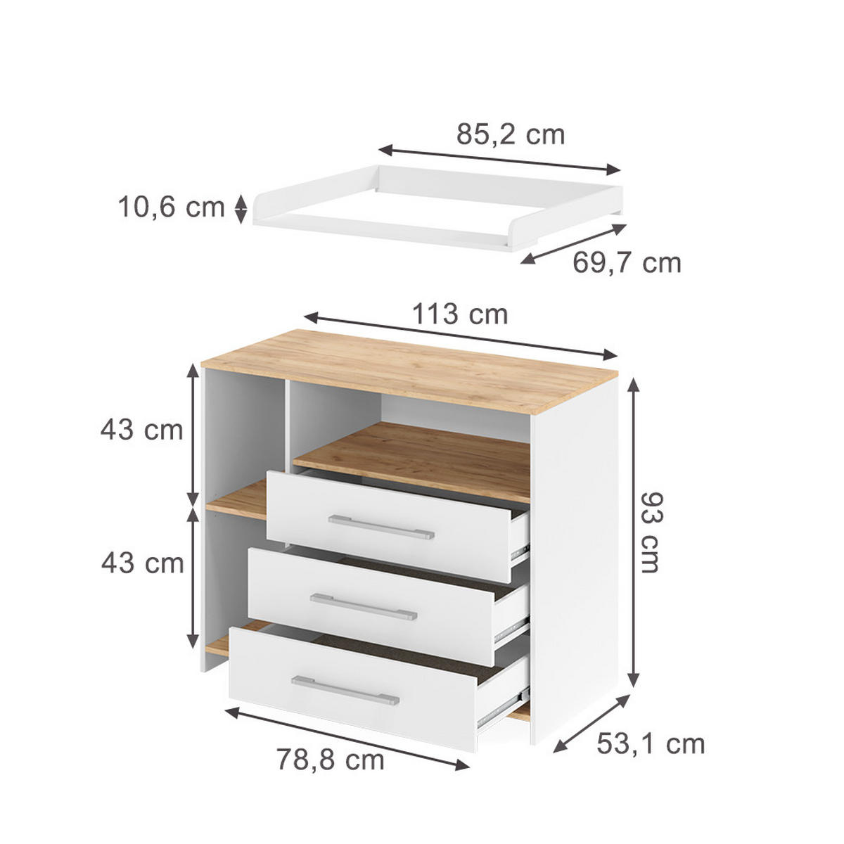 WICKELKOMMODE Oskar Weiß/Goldkraft Eiche 113 x 93 cm mit 3 Schubladen - Eichefarben/Weiß, Holzwerkstoff (113/93/53.1cm) - Vicco