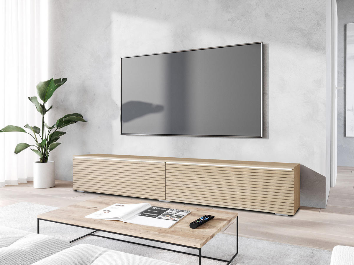 TV-LOWBOARD D180 mit weißer LED Beleuchtung - Silberfarben/Naturfarben, Holzwerkstoff/Kunststoff (180/30/33cm) - MIRJAN24