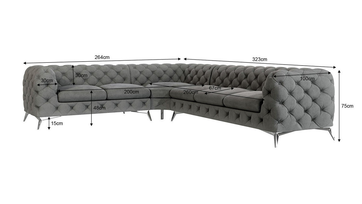 ECKSOFA Chesterfield Laura Grau Samt - Silberfarben/Grau, Holz/Textil (323/264cm) - S-Style Möbel
