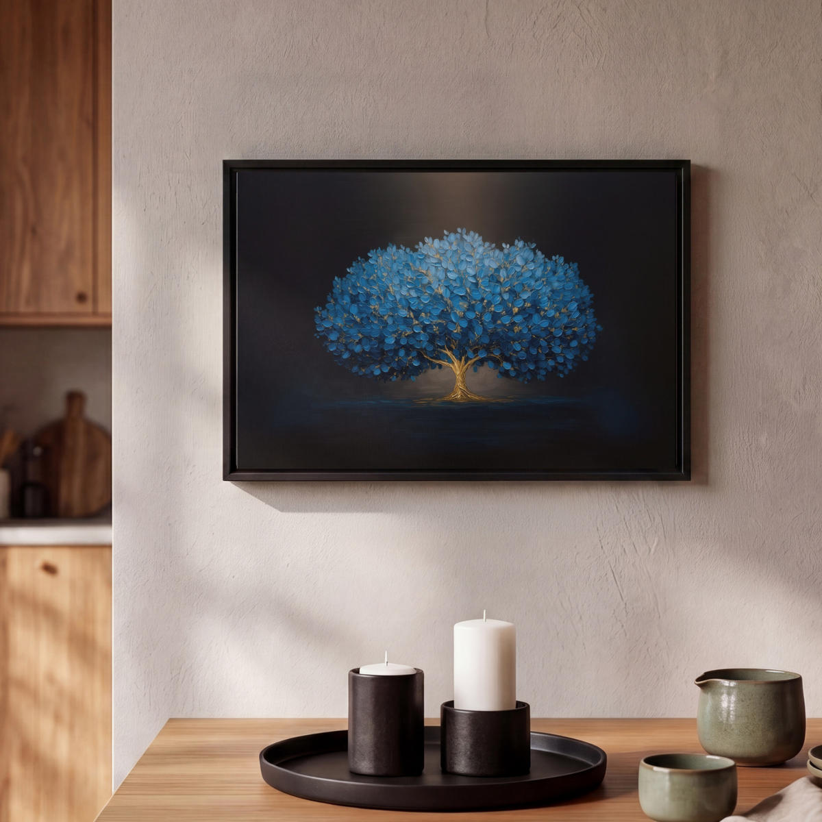 LEINWAND Bilder mit Rahmen - Baum - Blau - Blätter - Pinselstriche - 30x20 - Blau, Textil (30/20cm) - MuchoWow