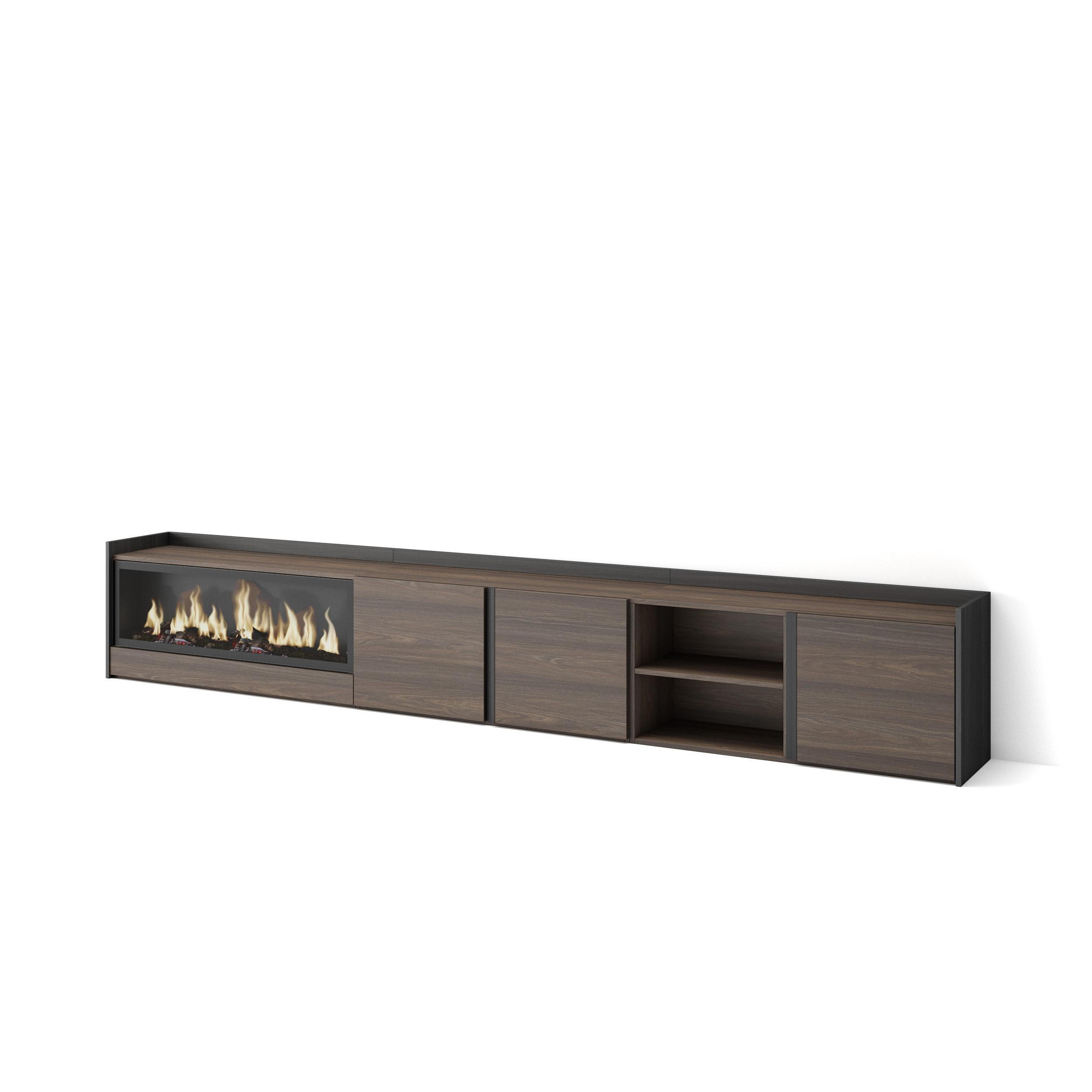 LOWBOARD, Dunkler Eiche und Schwarz, 315/35/50cm, Kamin mit Feuereffekt XXL - Dunkelbraun, Holzwerkstoff (315/50/35cm) - Skraut Home