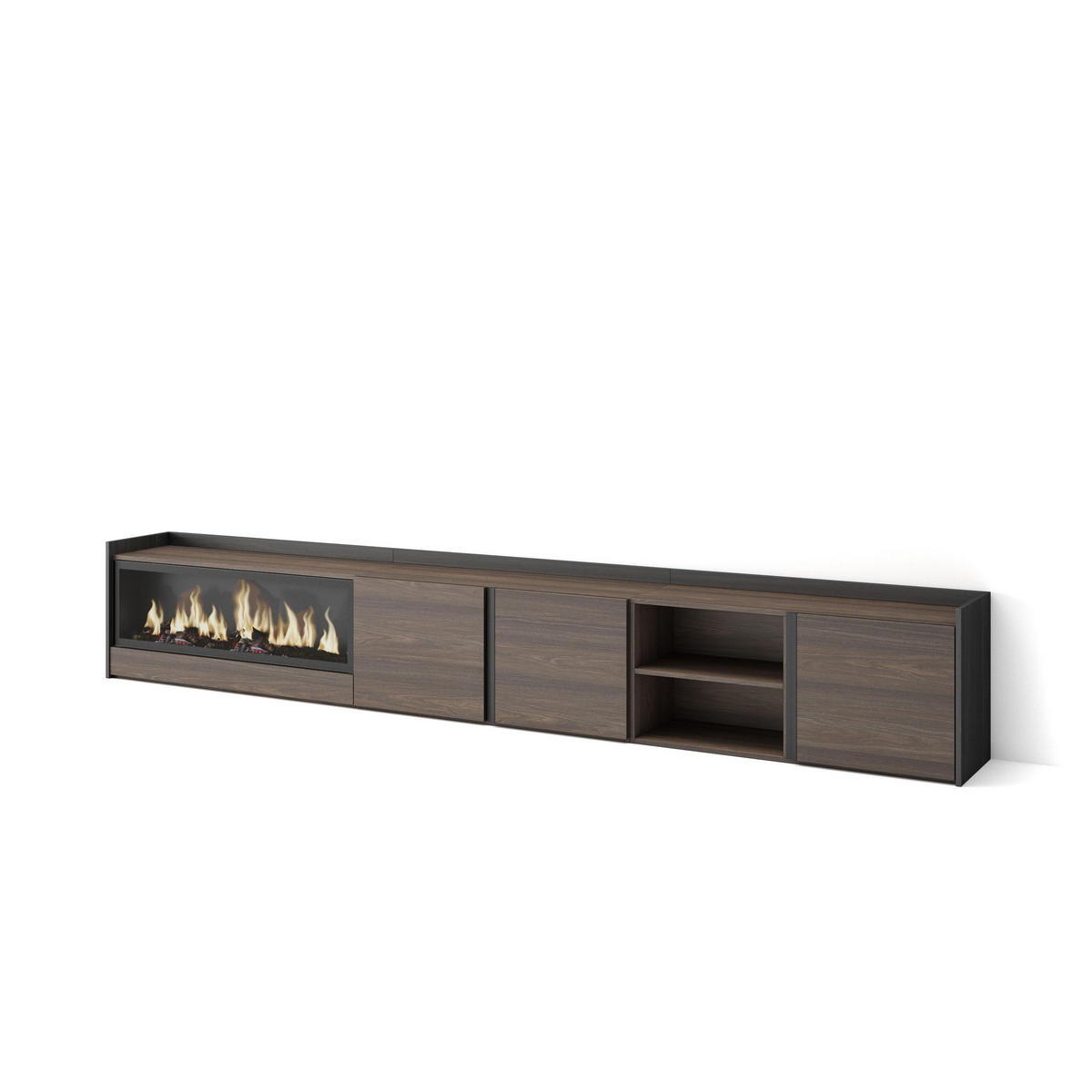 LOWBOARD, Dunkler Eiche und Schwarz, 315/35/50cm, Kamin mit Feuereffekt XXL - Dunkelbraun, Holzwerkstoff (315/50/35cm) - Skraut Home