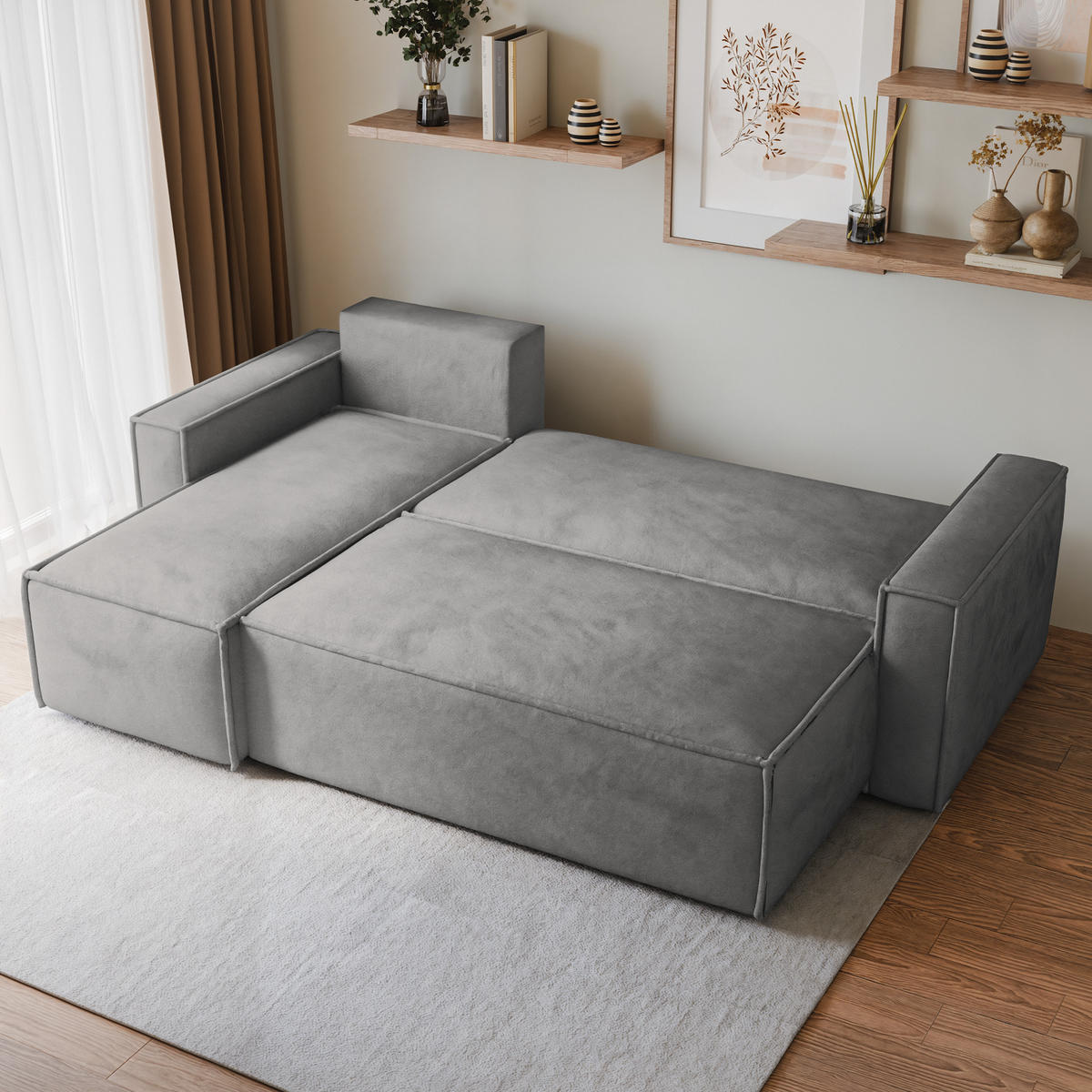 ECKSOFA RAVELO M Hellgrau Velours-Stoff mit Schlaffunktion - Hellgrau, Holz (240/140cm) - MASSENO