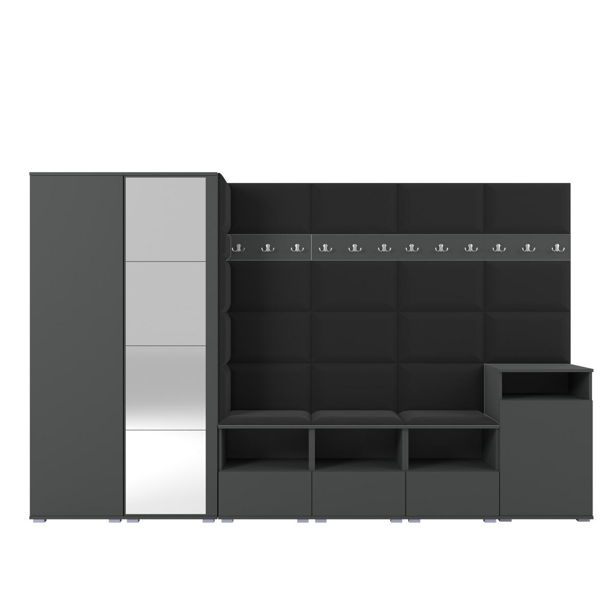 GARDEROBE NELA XII 300 cm (Modulare Flurmöbel Graphit mit Spiegel & Sitzpolster Schwarz 16 Gigantisches Set) - Silberfarben/Schwarz, Holz/Holzwerkstoff (300/187/40cm) - Ravio