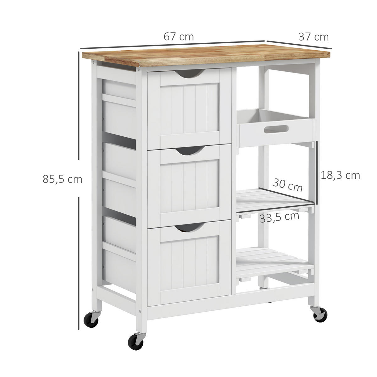 KÜCHENWAGEN DE-17144 3 Schubladen & abnehmbares Tablett Weiß - Weiß, Holzwerkstoff (37/85.5/67cm) - ComfortXL