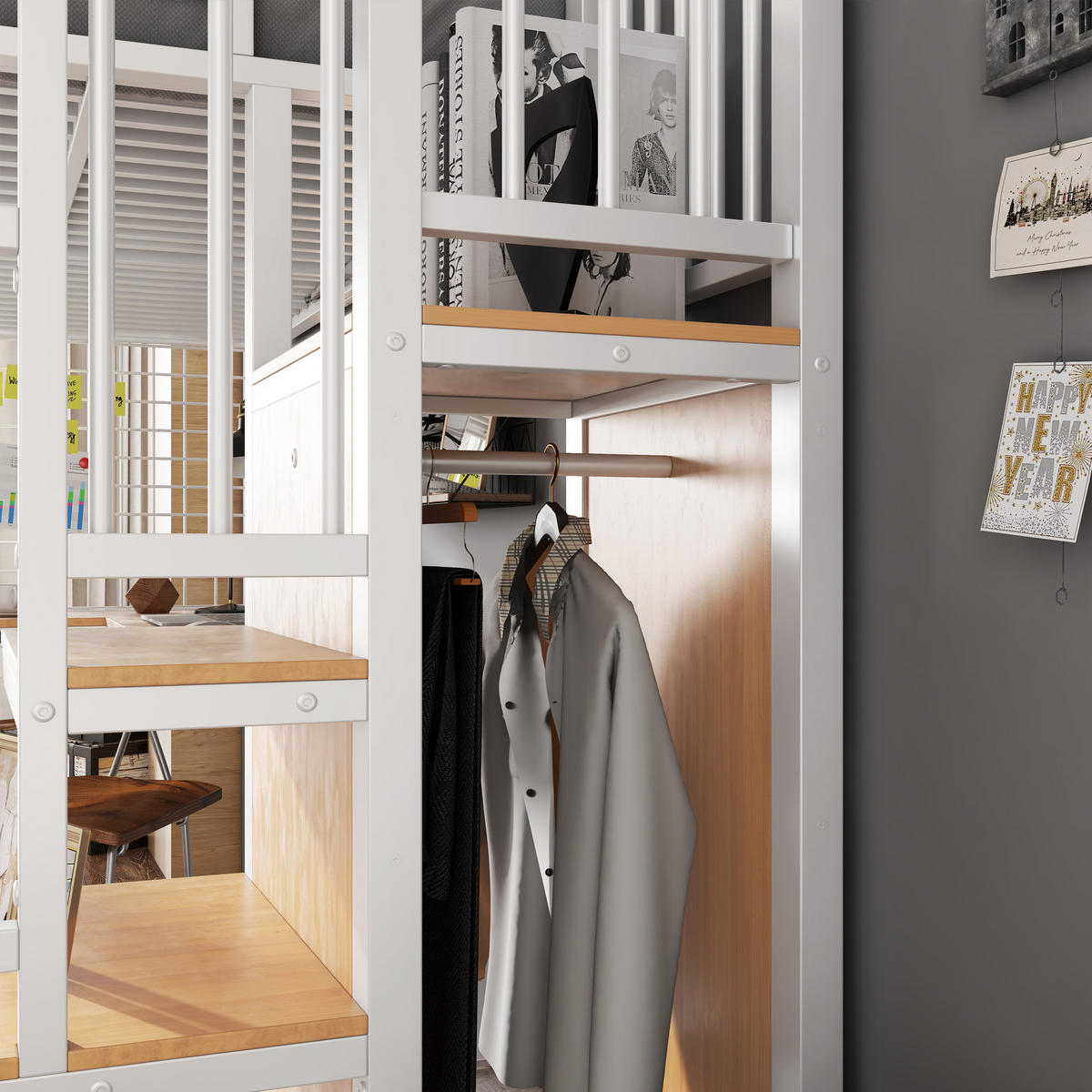 HOCHBETT 90/200 cm Weiß Natur mit integriertem Kleiderschrank aus Eisen und Holz - Weiß, Holzwerkstoff (90/200cm) - OKWISH