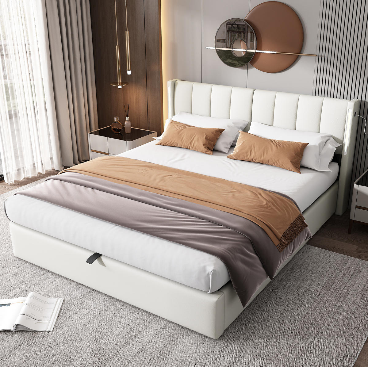 BETT mit Stauraum 140x200 cm PU Weiß mit LED - Weiß, Metall (140/200cm) - Meubliv