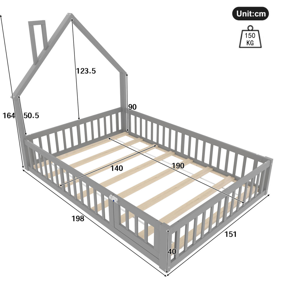 KINDERBETT aus Kiefernholz & MDF 140x190 cm in Grau mit Sicherheitsgitter - Grau, Holzwerkstoff (140/190cm) - Modfu