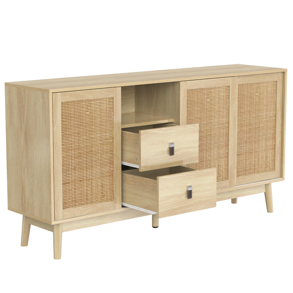 SIDEBOARD aus MDF/Spanplatte mit Rattan-Schiebetüren und 2 Schubladen, 155/38/80 cm，Naturfarben - Naturfarben, Holzwerkstoff (38/80/155cm) - Redom