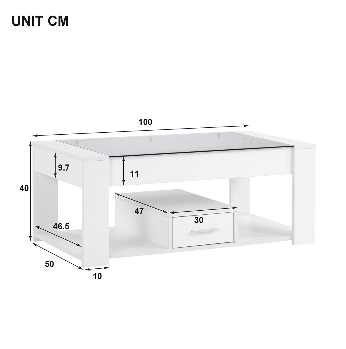 COUCHTISCH, weiße Glasplatte, Spanplatte, 2 Schubladen & offenes Fach, 100/50/40 cm,weiß - Weiß, Holzwerkstoff (100/50/40cm) - Redom
