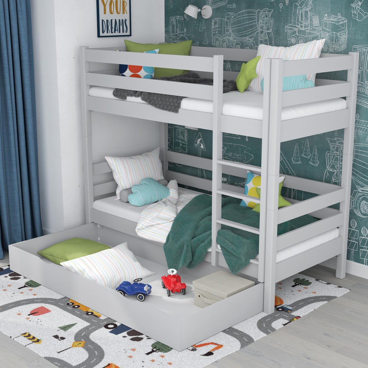 ETAGENBETT N01 mit Schublade Grau 90/180 - Grau, Naturmaterialien/Holz (90/180cm) - N-Wood
