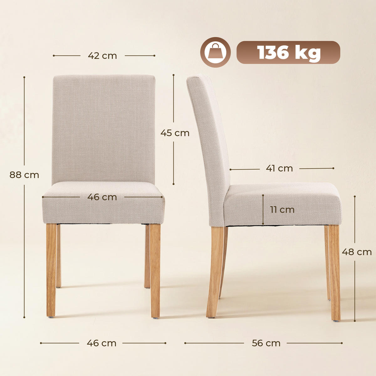 ESSZIMMERSTUHL 2er Set Polyester Gummibaumholz Creme - Creme/Naturfarben, Holz/Textil (46/88/56cm) - HOMCOM