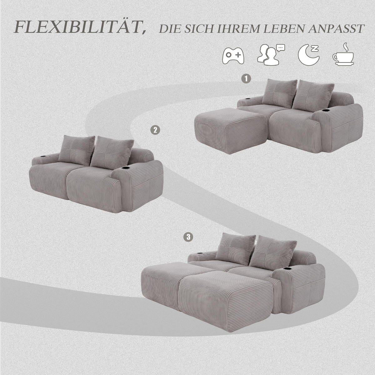 MODULARES 2-Sitzer Sofa Cord mit Getränkehalter und Seitentasche 200/174/80 cm Hellgrau - Hellgrau, Textil (174/80/200cm) - Redom
