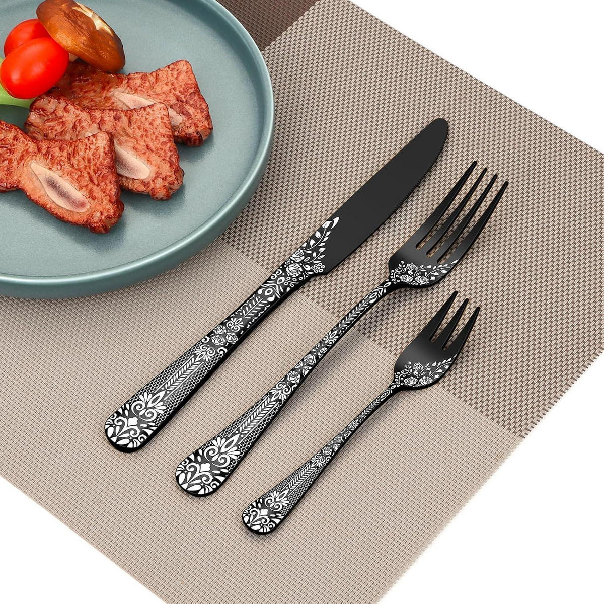 BESTECKSET 30-teilig für 6 Personen Schwarz mit Blumenmuster - Schwarz, Metall