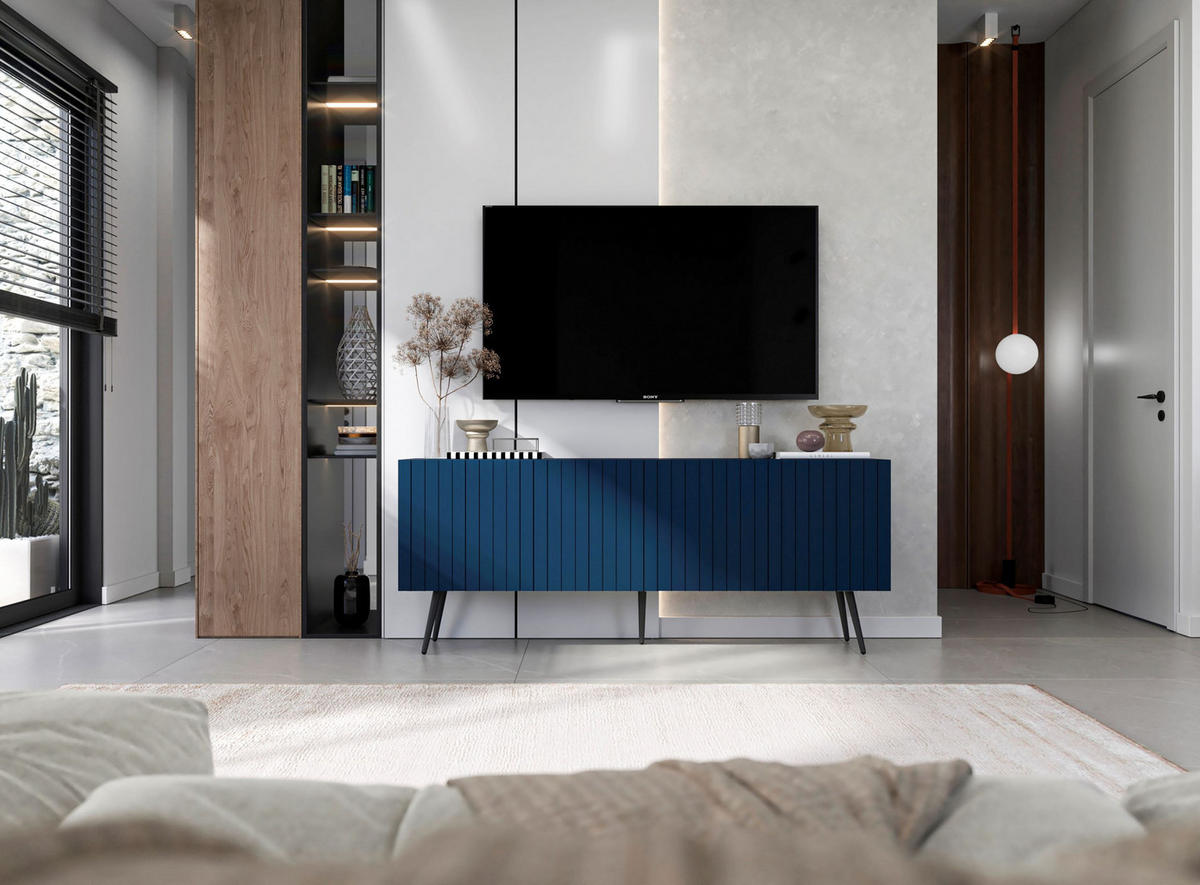 TV-SCHRANK Elpis Marineblau Matt mit Metallbeine Glamour 150 cm - Blau/Schwarz, Holzwerkstoff/Metall (150/60.5/36.5cm) - Meble Lindner