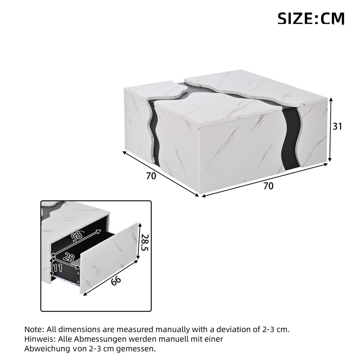 COUCHTISCH 70/70/31 cm mit Schublade und Marmoroptik im geometrischen Design, Weiß - Weiß, Holzwerkstoff (70/70/31cm) - Redom