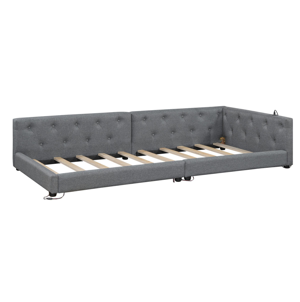 POLSTERBETT 90/200 cm mit Leinenbezug, LED-Beleuchtung, USB- und Type-C-Anschluss, Lattenrost und Knopfheftung, Grau - Grau, Textil (90/200cm) - Redom