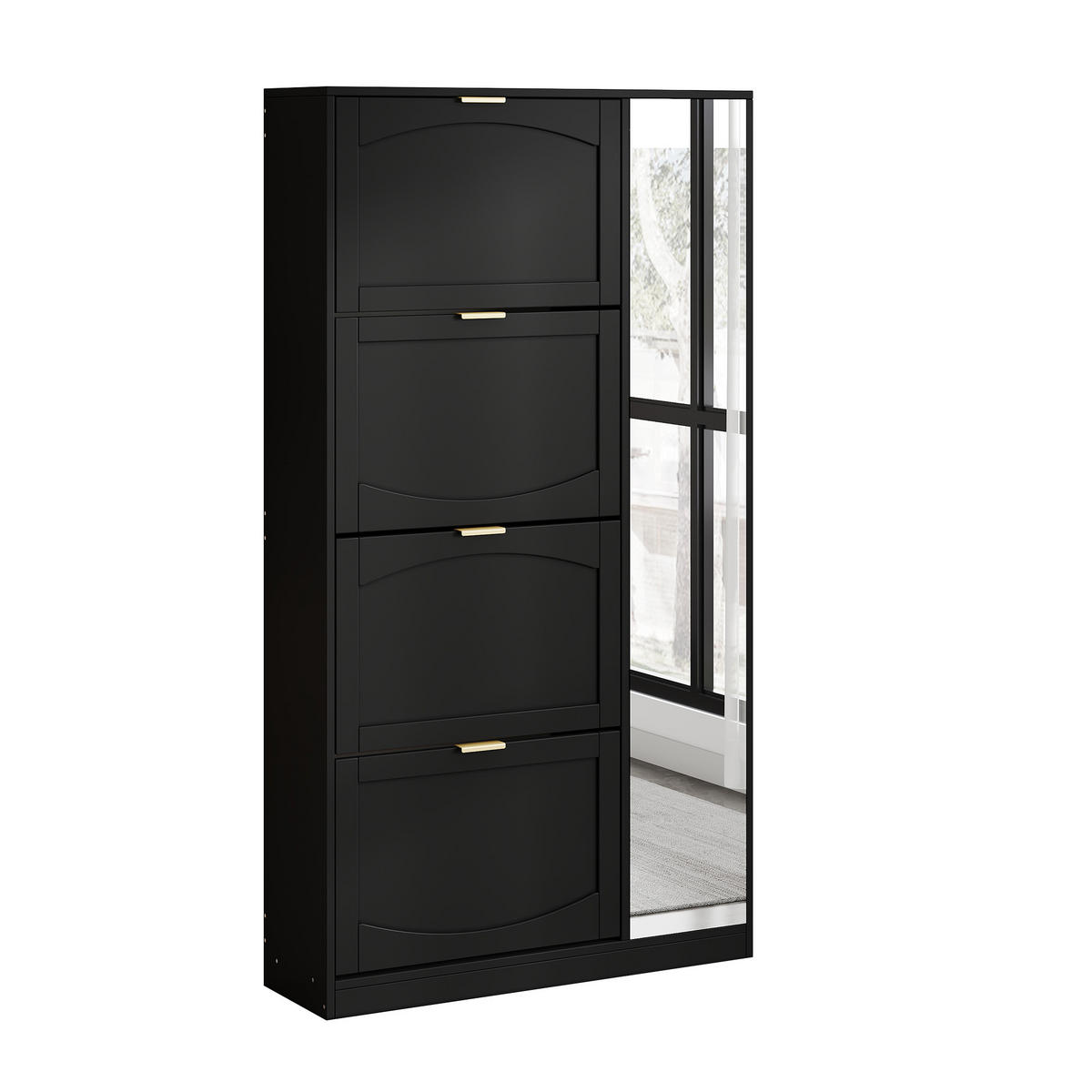 SCHUHSCHRANK 80/24/147 cm schwarz aus Spanplatte mit Spiegelklappen - Schwarz, Holzwerkstoff (80/147/24cm) - OKWISH