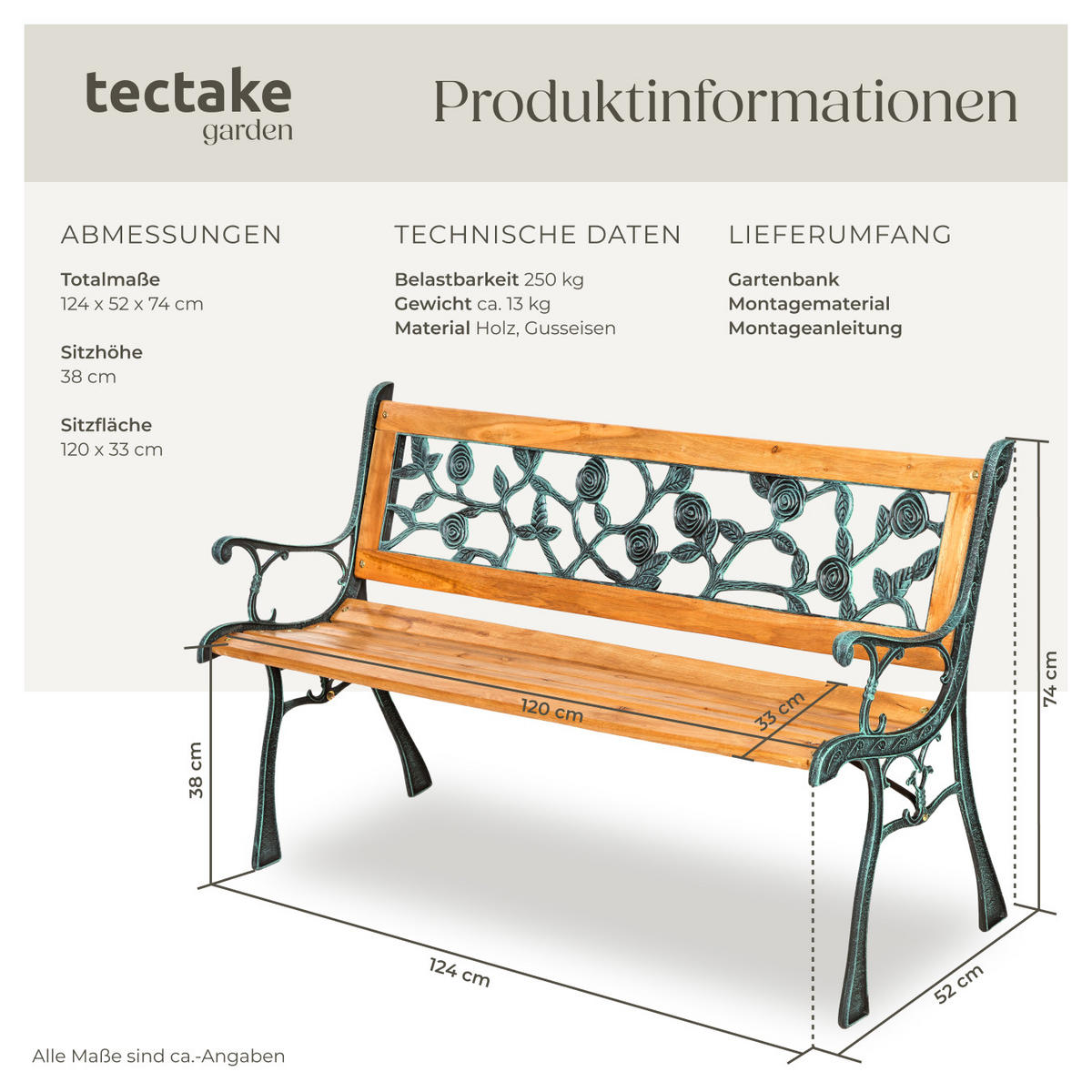 GARTENBANK Marina,124 x 52 x 74 cm,braun - Braun, Holz (52/74/124cm) - tectake