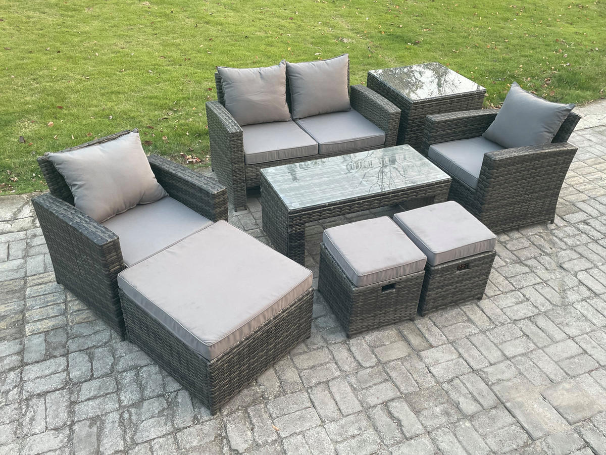 GARTEN-SOFA-SET MIT COUCHTISCH 3 HOCKER BEISTELLTISCH Polyrattan Dunkelgrau Gemischt 7-Sitzer - Dunkelgrau, Metall - Fimous