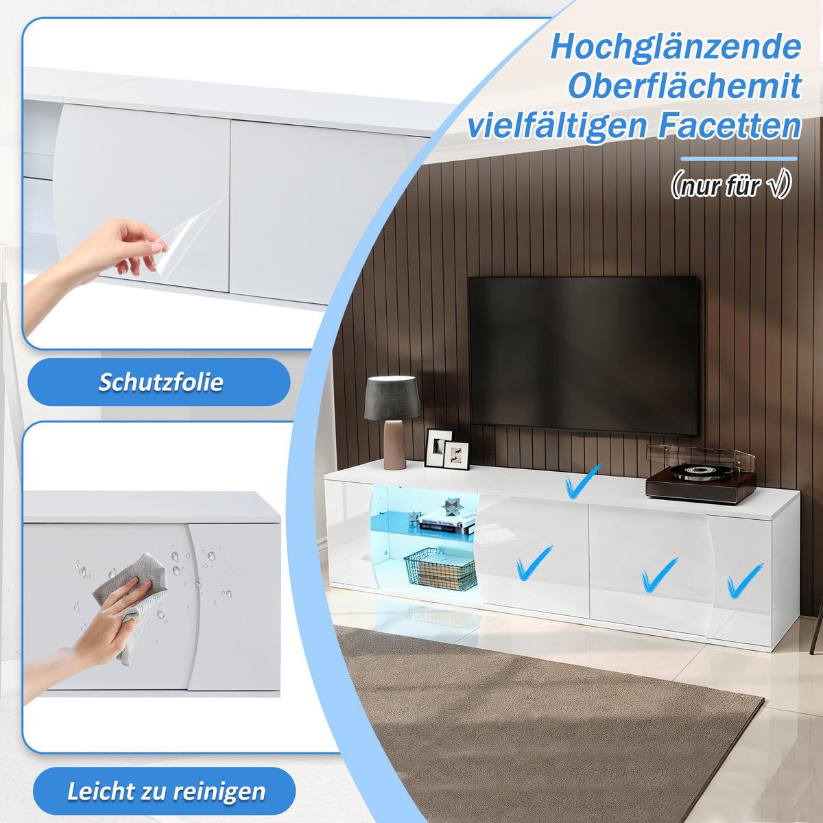 TV-LOWBOARD 180x40x45 cm Glas 3 Türen LED Entertainment - Weiß, Holzwerkstoff (40/45/180cm) - FLIEKS