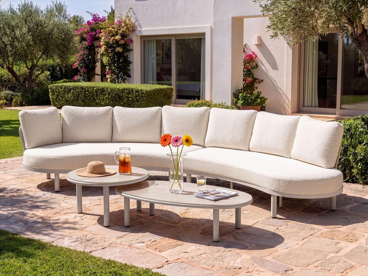 GARTENSOFA 6-Sitzer mit Tischen Metall Hellbeige Oriolo - Beige, Metall (352/84/120cm) - Beliani