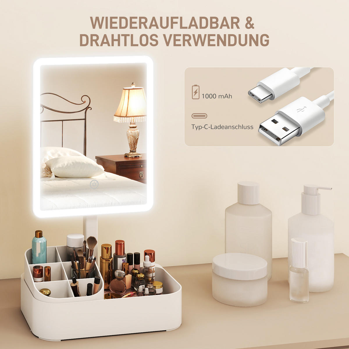 SCHMINKSPIEGEL DE-09874 180° drehbar, LED, 2 Beleuchtungsmodi Weiß - Weiß, Kunststoff (13.8/22/38cm) - ComfortXL